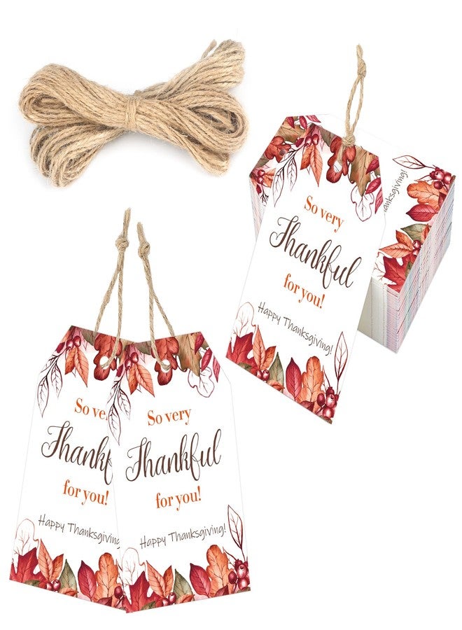 joycraft 50Pcs Happy Thankgiving Tags with String, 3.3x2.1 inch Maple Fall Paper Gift Wrap Tags, Reddish Brown Happy Thanksgiving Holiday Hangtags for Red Wine, Maple Syrup, Bouquet and Desserts - Image 2